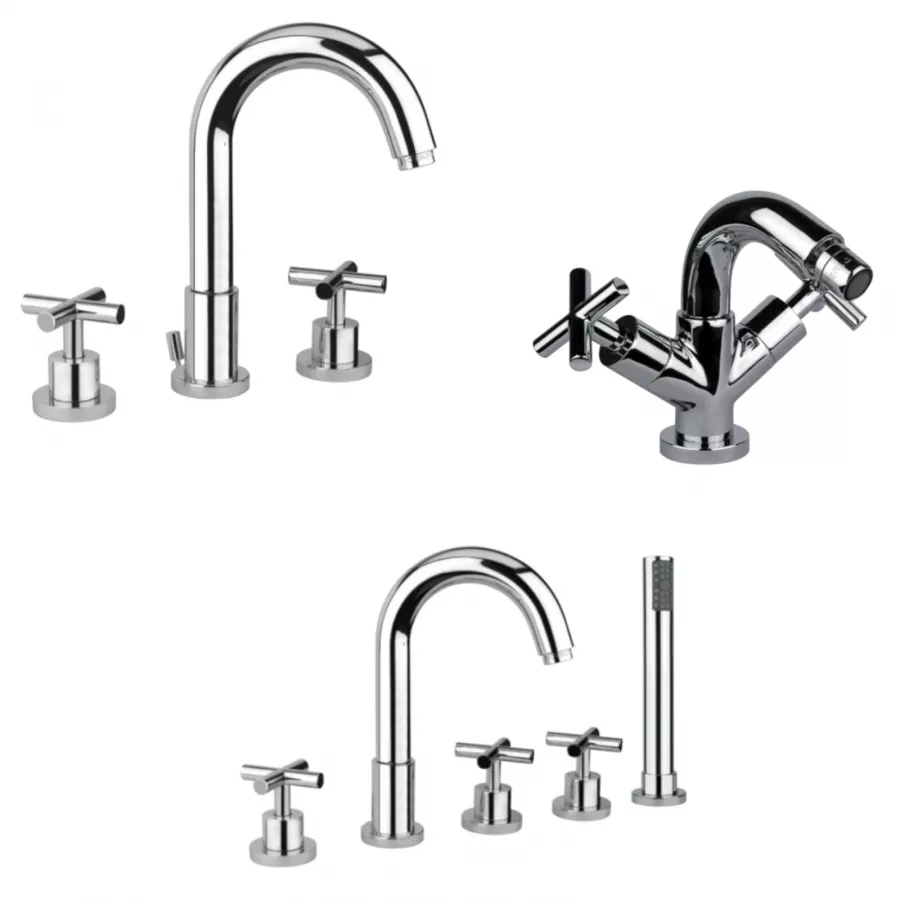 Set Miscelatore Lavabo 3 Fori Bidet Bordo Vasca 5 Fori Bocca 20 Cm