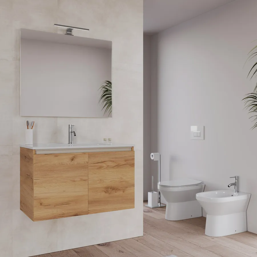 Bagno Completo Con Mobile Bagno Sospeso 80 Cm Rovere Gold 2 Ante Con