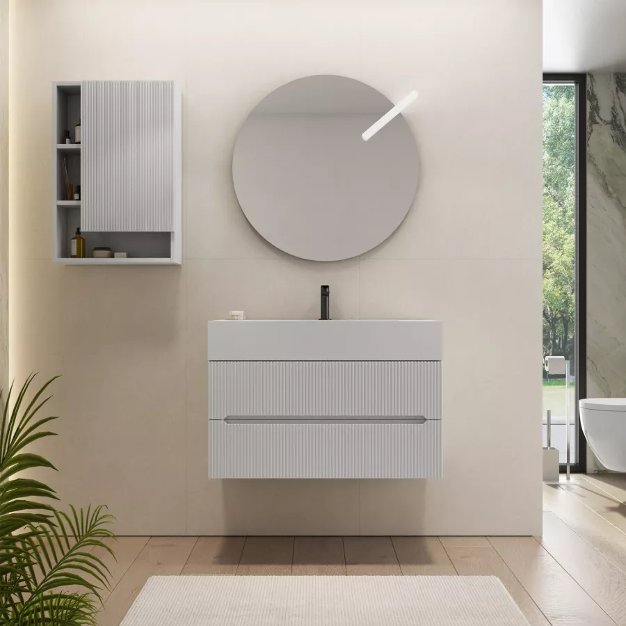 Mobile Bagno Sospeso 90 Cm Bianco Opaco Cannettato Con Top Lavabo