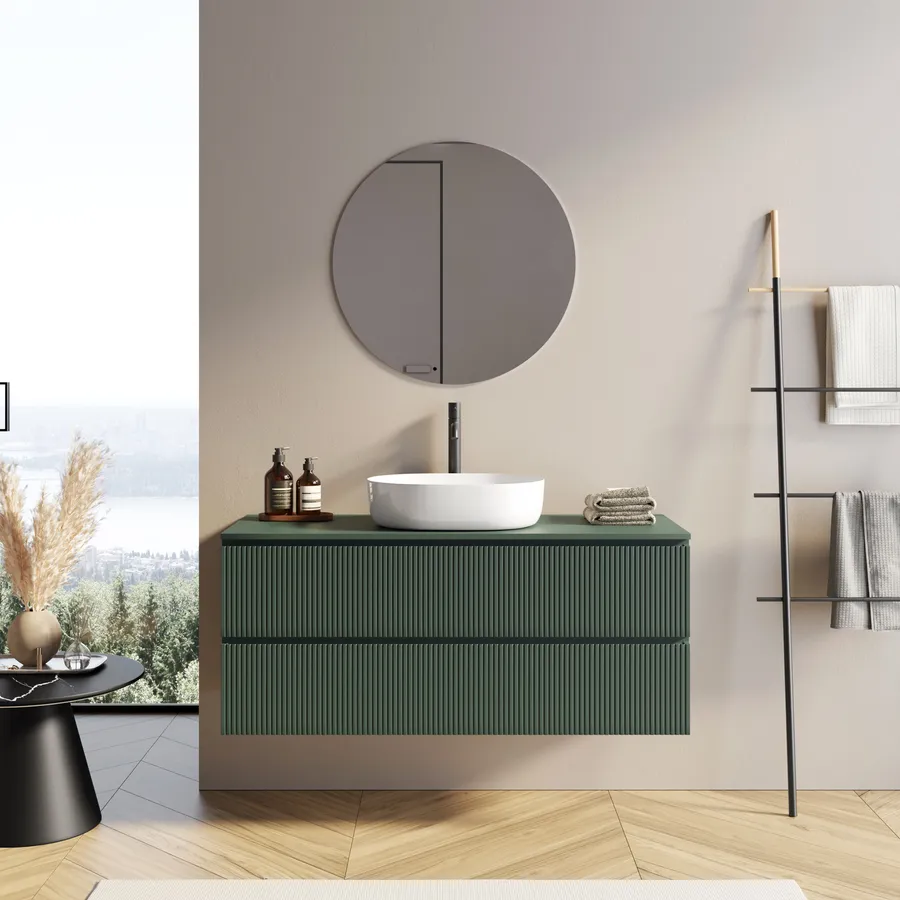 Mobile Bagno Portalavabo 120 Cm Verde Opaco Cannettato Con Specchio Gaia