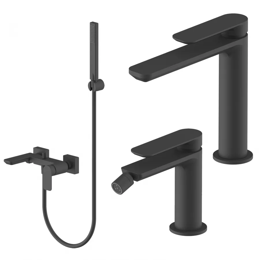 Set Miscelatore Lavabo Bocca Lunga E Bidet Con Esterno Vasca Nero Fusion