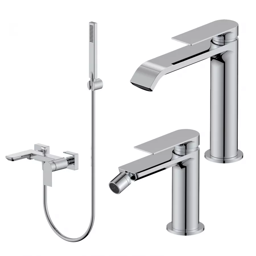 Set Miscelatore Lavabo Bocca Lunga E Bidet Con Esterno Vasca Cromo Iota