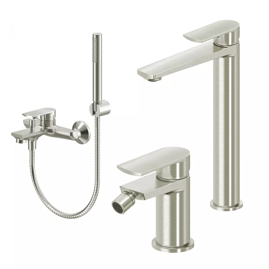 Set Miscelatore Lavabo Alto E Bidet Con Esterno Vasca Spazzolato Fluid