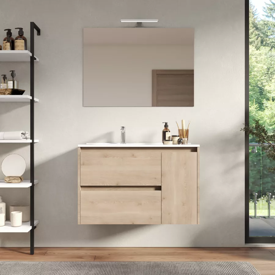 Mobile Bagno Sospeso 85 Cm Rovere Atlas Con Lavabo Sx E Specchio Medora