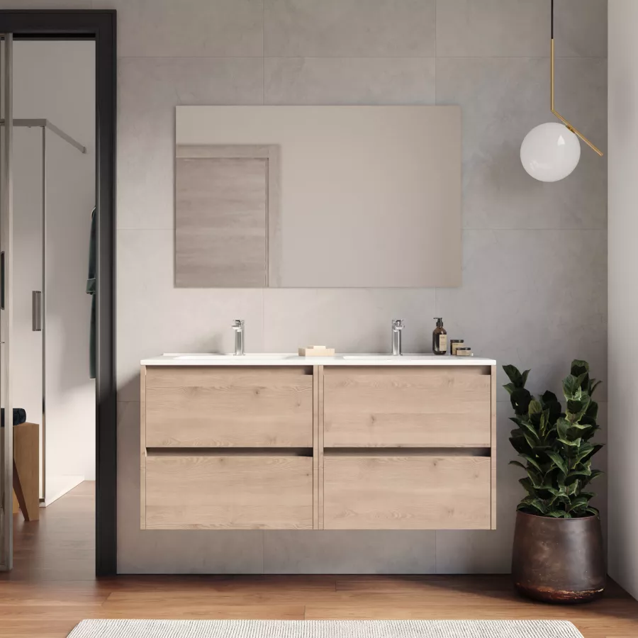 Mobile Bagno Sospeso 120 Cm Rovere Atlas Con Cassetti E Lavabo Doppio