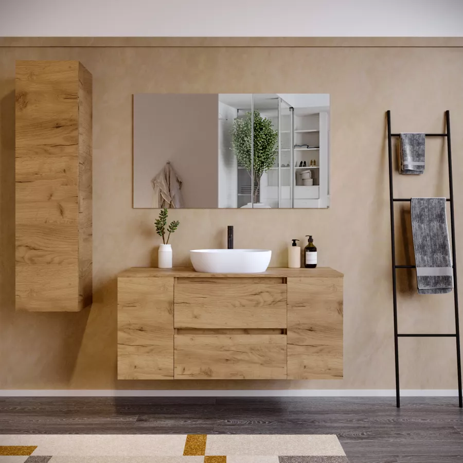 Mobile Bagno Sospeso Cm Rovere Gold Con Vani E Top Con Specchio Anami