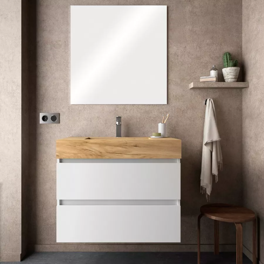 Mobile Bagno Sospeso Cm White Satinato E Lavabo Rovere Africa Con