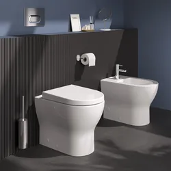 Coppia di sanitari filomuro in ceramica bianca con sedile a chiusura rallentata