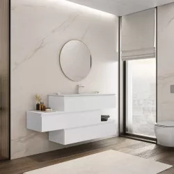 Mobile bagno sospeso 160 cm cassetto centrale sx bianco opaco con lavabo e specchio - Rodeo