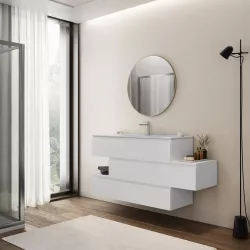 Mobile bagno sospeso 150 cm cassetto centrale dx bianco opaco con lavabo e specchio - Rodeo