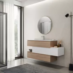 Mobile bagno sospeso 150 cm cassetto centrale dx rovere portofino e bianco opaco con lavabo e specchio - Rodeo