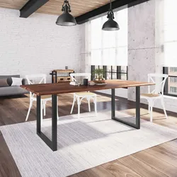 Tavolo 200x100 cm piano in legno di acacia 25 mm e gambe a U 5x5 in metallo nero - Freia Wood