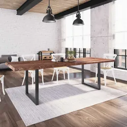 Tavolo 260x100 cm piano in legno di acacia 50 mm e gambe a U 5x5 in metallo nero - Freia Wood