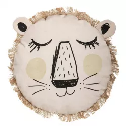 Cuscino rotondo 38 cm con stampa leone beige e frange - Timothy Kids