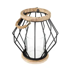 Lanterna rotonda 18 cm in metallo nero legno e corda