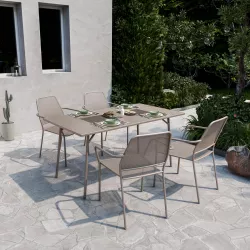 Set pranzo tavolo 150x80 cm e 4 sedie con braccioli squadrate in metallo tortora - Dama