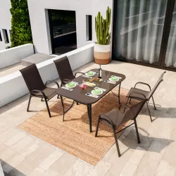 Set pranzo tavolo 150x90 cm e 4 sedie con braccioli in acciaio e textilene marrone - Ninfa