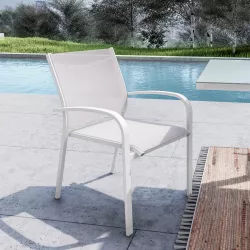 Sedia impilabile con braccioli tondi in alluminio e textilene bianco - Carioca