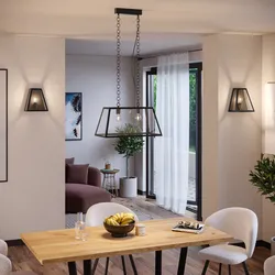 Set lampadario a sospensione da 2 lampadine e 2 applique in metallo nero con vetro