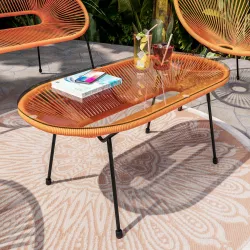 Tavolino da giardino con piano in vetro 90x45 cm e corda arancione - Kalimba
