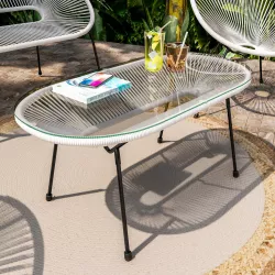 Tavolino da giardino con piano in vetro 90x45 cm e corda bianca - Kalimba