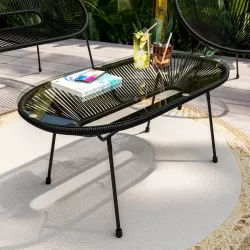 Tavolino da giardino con piano in vetro 90x45 cm e corda nera - Kalimba