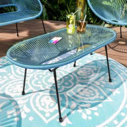 Tavolino da giardino con piano in vetro 90x45 cm e corda blu - Kalimba