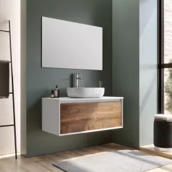 Mobile bagno sospeso 100 cm bianco e noce nativo per lavabo d'appoggio con specchio - Julia