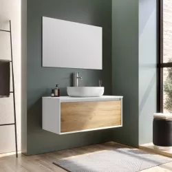 Mobile bagno sospeso 100 cm bianco e rovere europeo per lavabo d'appoggio con specchio - Julia