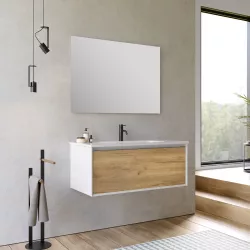 Mobile bagno sospeso 100 cm bianco e rovere europeo con  lavabo integrato e specchio - Julia