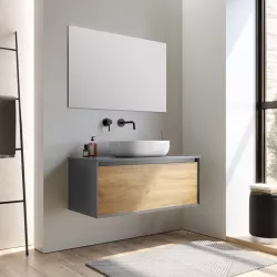 Mobile bagno sospeso 100 cm antracite e rovere europeo per lavabo d'appoggio con specchio - Julia