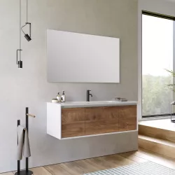 Mobile bagno sospeso 120 cm bianco e noce nativo con  lavabo integrato e specchio - Julia