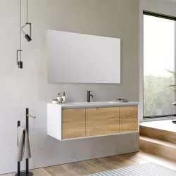 Mobile bagno sospeso 120 cm bianco e rovere europeo con  lavabo integrato e specchio - Julia