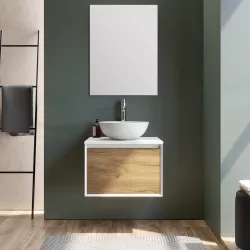 Mobile bagno sospeso 60 cm bianco e rovere europeo per lavabo d'appoggio -  Julia