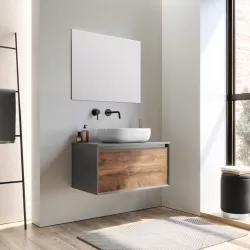 Mobile bagno sospeso 80 cm antracite e noce nativo per lavabo d'appoggio con specchio - Julia