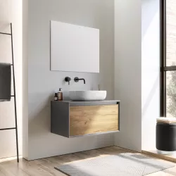 Mobile bagno sospeso 80 cm antracite e rovere europero per lavabo d'appoggio con specchio - Julia