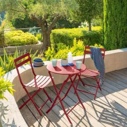 Set bistrot tavolo rotondo 60 cm e 2 sedie pieghevoli in acciaio rosso melograno - Atelier