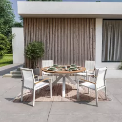 Set pranzo tavolo rotondo 150 cm top in legno teak e 4 sedie con braccioli in alluminio bianco - Miranda