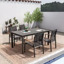 Set pranzo in alluminio antracite tavolo top effetto marmo 160x90 cm e 4 sedie con braccioli in legno - Miranda
