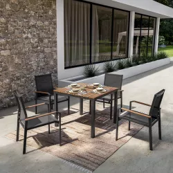 Set pranzo tavolo con top in legno 90x90 cm e 4 sedie con braccioli in alluminio antracite - Miranda