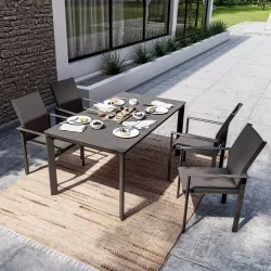 Set pranzo tavolo con top effetto marmo 160x90 cm e 4 sedie con braccioli in alluminio antracite - Miranda