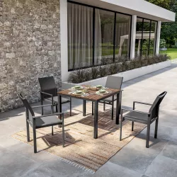 Set pranzo tavolo con top in legno teak 90x90 cm e 4 sedie con braccioli in alluminio antracite - Miranda