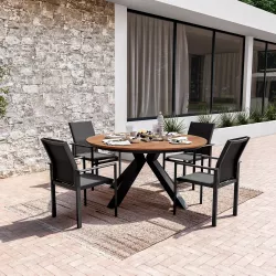 Set pranzo tavolo con top in legno teak rotondo 150 cm e 4 sedie con braccioli in alluminio antracite - Miranda