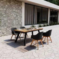 Set pranzo tavolo con top in legno teak 180x87 cm e 4 poltrone nere con gambe in legno - Miranda