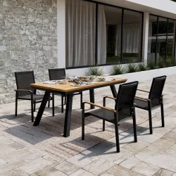 Set pranzo tavolo con top in legno teak 180x87 cm e 4 sedie con braccioli in legno e alluminio nero - Miranda