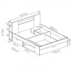 Letto matrimoniale 160x200 cm in legno bianco con vani e cassetti - Kygo