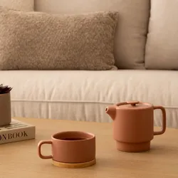 Set teiera e tazza rotonda 15 cm color terracotta con piattino in bambù