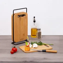 Set 4 taglieri 14x22 cm in bambù naturale con supporto in metallo