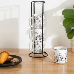 Set 4 tazze impilabili 24 cl in ceramica bianco e nero con supporto in metallo nero
