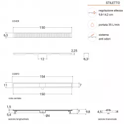 Canalina di scario doccia in acciaio inox con griglia a righe 80 cm mod.  Stripe